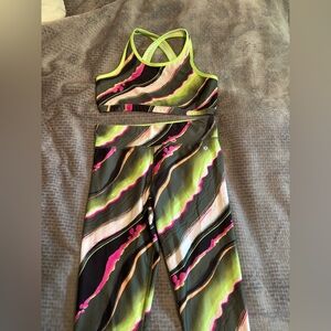 Xersion Green and Pink One Piece Swimsuit with Diagonal Stripes